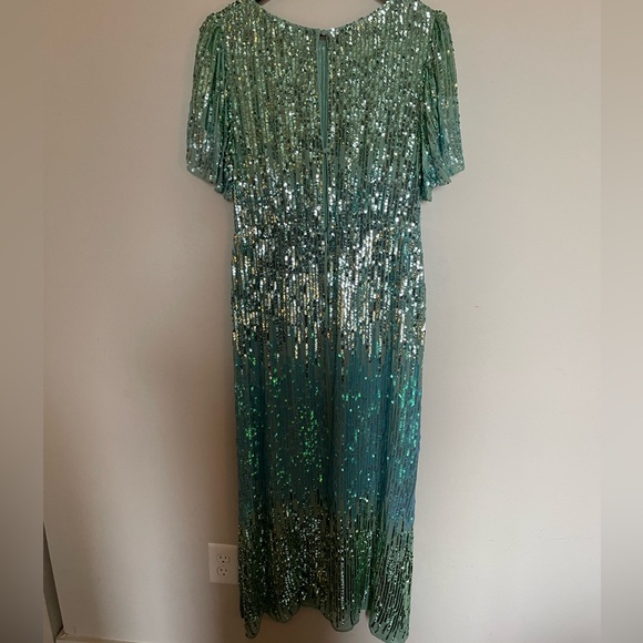 Rixo Sequin Ombré Aqua Turquoise Green Flutter Sleeve Midi Dress Gown - Picture 8 of 10